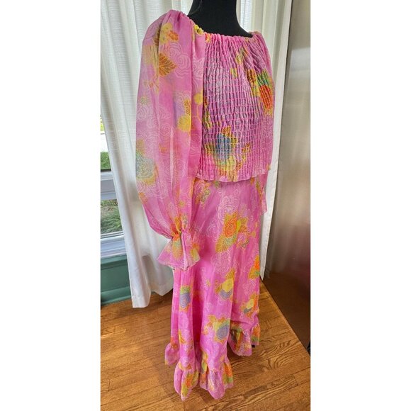 Vintage 70s two pieces set, pink, orange, yellow floral smocked bodice, maxi - Picture 6 of 10
